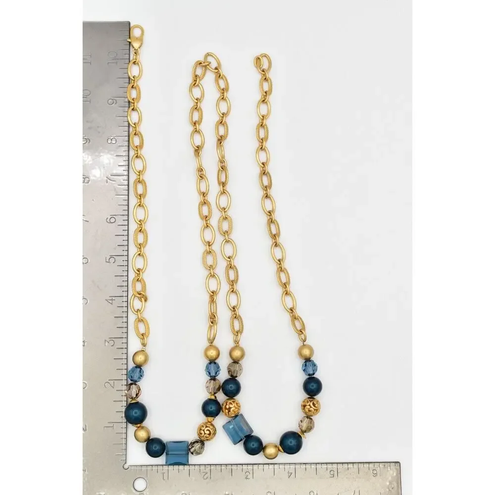 Brighton Chunky Station Necklace Brushed Gold Blue Crystal Contempo Belt BinBJ